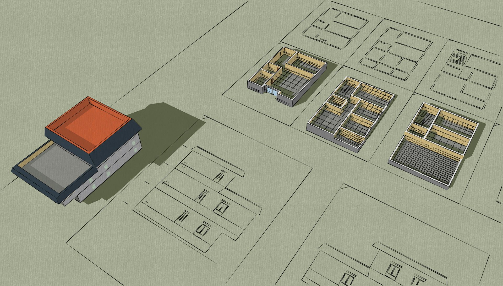 eine Zeichnung eines Gebäudes mit einem roten Dach